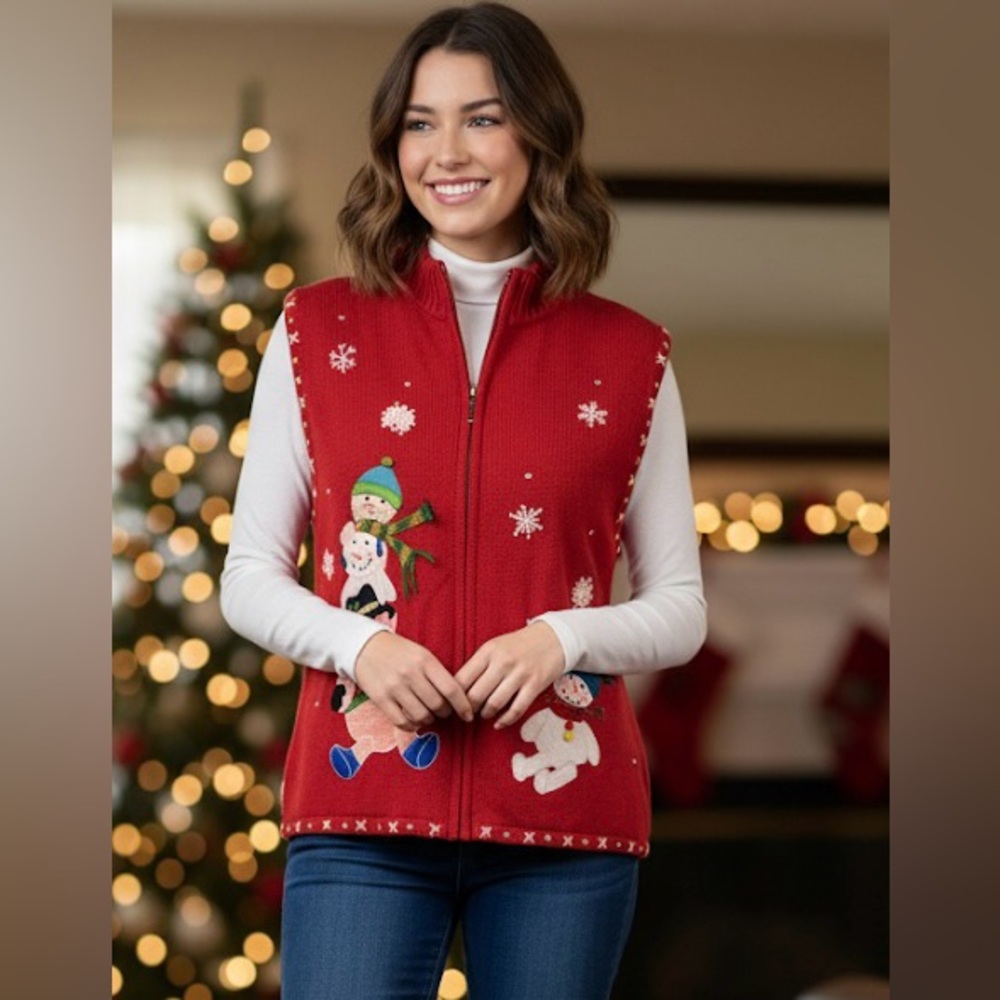 Vintage Christmas Winter Snowman Embellished Zip Up Sweater Vest Womens Size XL
